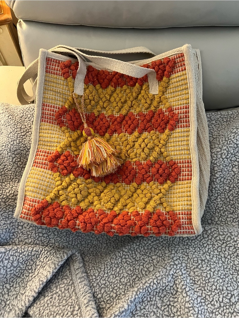 Universal Thread Mustard and Orange Woven Tote with Tassel.  Spasious inside.